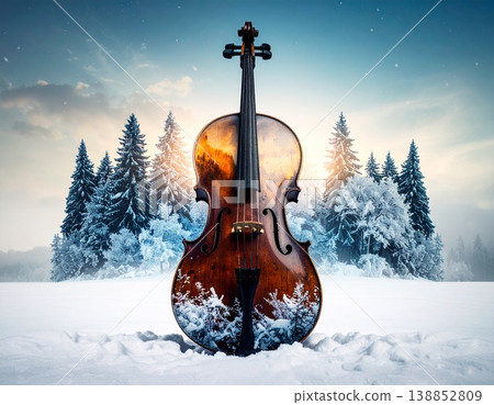 一幅奇幻的畫面：一把大提琴矗立在松樹林中，背景是蔚藍的雪景。 138852809