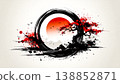 Japanese Zen Enso circle with bonsai tree and red sun on white background. Traditional brush stroke calligraphy style with cherry blossom, mountains, and ink splashes for oriental art design 138852871