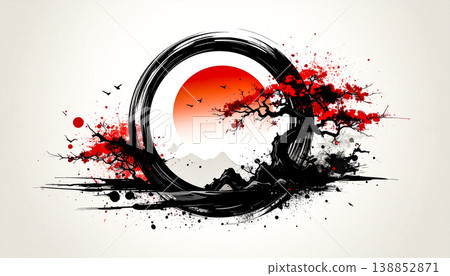 Japanese Zen Enso circle with bonsai tree and red sun on white background. Traditional brush stroke calligraphy style with cherry blossom, mountains, and ink splashes for oriental art design 138852871