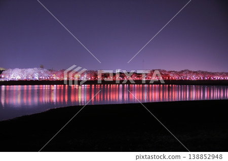 Cherry blossoms at night reflected on the surface of the river 138852948