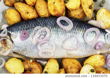 Plate with salted herring and baked potatoes Plate with salted herring and baked potatoes 138853070