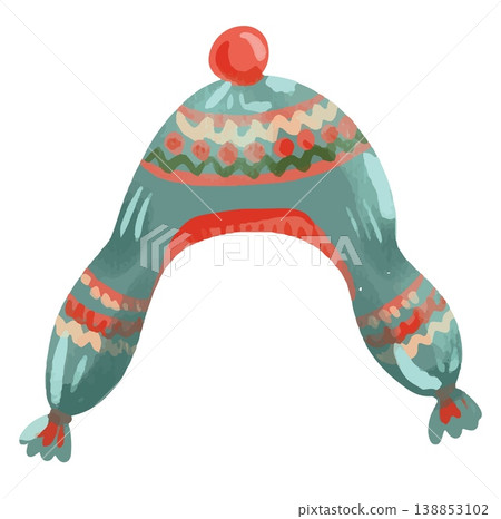 Watercolor style vector illustration of blue peruvian chullo hat isolated on white background Watercolor style vector illustration of blue peruvian chullo hat isolated on white background 138853102