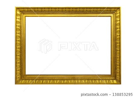 Gold frame for a picture in a classic baroque style on a white blank background.  138853295