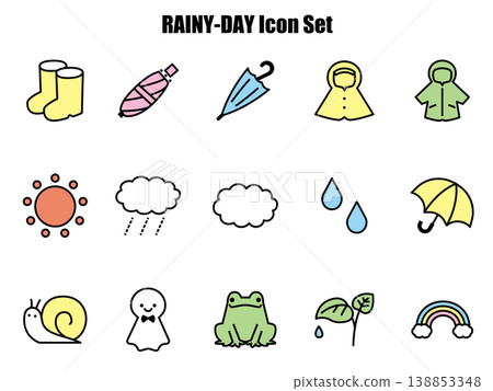 一組簡單可愛的彩色天氣圖示插圖。 138853348