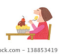 一位女士開心地吃蛋糕的插圖 | 甜食、下午茶、碳水化合物攝入 138853419