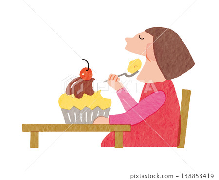 一位女士開心地吃蛋糕的插圖 | 甜食、下午茶、碳水化合物攝入 一位女士開心地吃蛋糕的插圖 | 甜食、下午茶、碳水化合物攝入 138853419