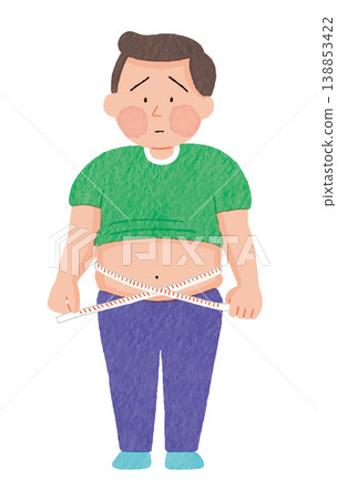 一位超重男子擔憂腰圍的插圖 | 肥胖、代謝症候群和節食問題 一位超重男子擔憂腰圍的插圖 | 肥胖、代謝症候群和節食問題 138853422