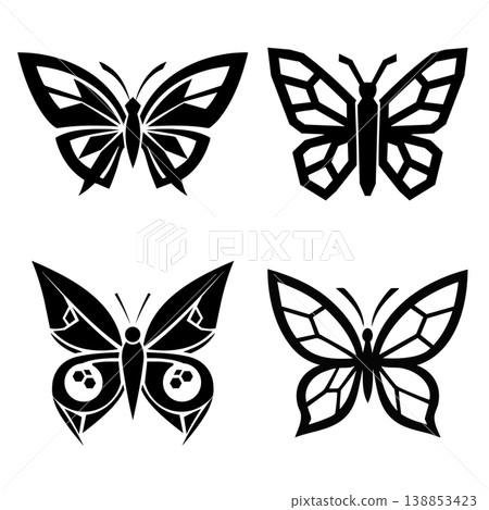 Four Stylized Vector Butterflies in a Decorative Collection with Minimalist Elegance. Four Stylized Vector Butterflies in a Decorative Collection with Minimalist Elegance. 138853423