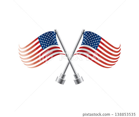 Illustration of two American flags crossed with stars and stripes on white background Illustration of two American flags crossed with stars and stripes on white background 138853535