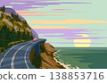 Sunset mountain road trip vacation by car, coast sea, ocean, palms, resort tropical landscape 138853716