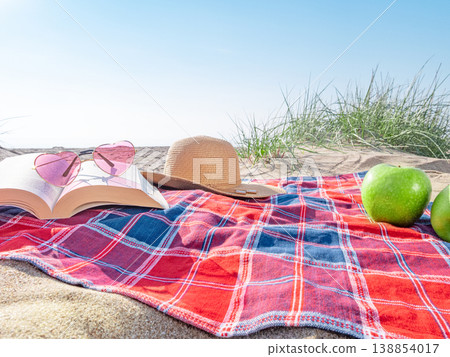 Beach picnic setup with blanket, book, hat and apples 138854017