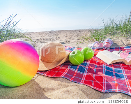 Beach picnic setup with blanket, book, hat and apples Beach picnic setup with blanket, book, hat and apples 138854018