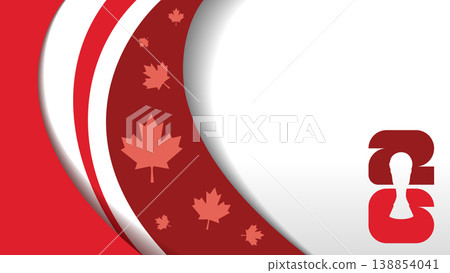 Canadian national flag ribbon background for 2026 football tournament. Red and white wavy ribbons with maple leaves and trophy silhouette for soccer world championship in canada. 138854041