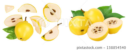 Fresh quince with slices isolated on the white background with full depth of field. Top view. Flat lay Fresh quince with slices isolated on the white background with full depth of field. Top view. Flat lay 138854540
