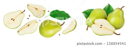Green pear fruit with half and slices isolated on white background . Top view. Flat lay 138854541