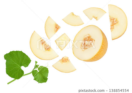 Melon slices isolated on white background . Top view. Flat lay Melon slices isolated on white background . Top view. Flat lay 138854554