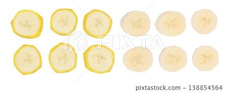 banana pieces isolated on white background with  full depth of field. Top view. Flat lay. Set or collection 138854564