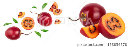 Fresh tamarillo fruit with leaves isolated on white background. Top view. Flat lay Fresh tamarillo fruit with leaves isolated on white background. Top view. Flat lay 138854578
