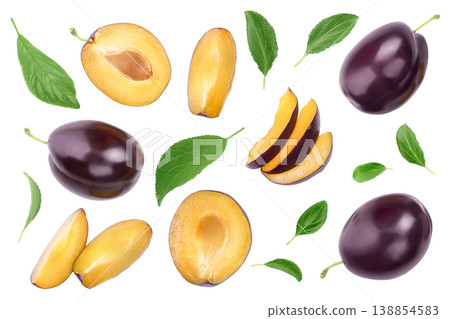 fresh purple plum and half isolated on white background with copy spase for your text. Top view. Flat lay fresh purple plum and half isolated on white background with copy spase for your text. Top view. Flat lay 138854583
