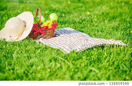 Picnic basket and hat on grass outdoor scene 138854599
