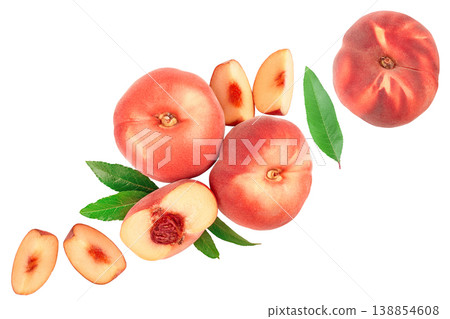 Ripe chinese flat peach fruit and half with leaf isolated on white background. Top view. Flat lay 138854608