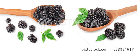 blackberry with leaf in wooden spoon isolated on a white background closeup blackberry with leaf in wooden spoon isolated on a white background closeup 138854617