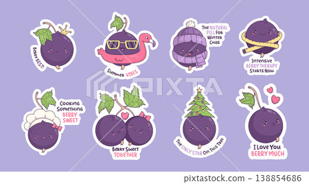 Playful Cute Blackcurrant Stickers Pack Set. Funny Kawaii Berry Characters in different moods, outfits and cozy lifestyle vibes with Pun Quotes. Isolated Cartoon Currant on Purple. Vector illustration Playful Cute Blackcurrant Stickers Pack Set. Funny Kawaii Berry Characters in different moods, outfits and cozy lifestyle vibes with Pun Quotes. Isolated Cartoon Currant on Purple. Vector illustration 138854686