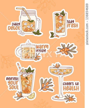 Sea Buckthorn Drinks Sticker Planner Set. Healthy Hot and Iced Tea, Lemonade and Cocktails with Inspirational Quotes. Isolated orange Beverage Hand Drawn. Vector Illustration Sea Buckthorn Drinks Sticker Planner Set. Healthy Hot and Iced Tea, Lemonade and Cocktails with Inspirational Quotes. Isolated orange Beverage Hand Drawn. Vector Illustration 138854689