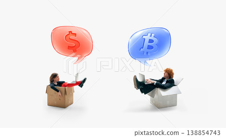 Two people sitting in boxes with currency symbols representing comparison of payment systems. Two people sitting in boxes with currency symbols representing comparison of payment systems. 138854743