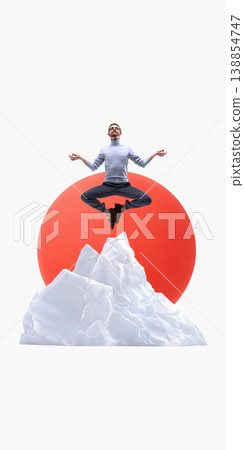 Man meditating above mountain representing stress management and productivity recovery Man meditating above mountain representing stress management and productivity recovery 138854747
