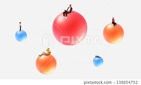 People sitting on connected spheres representing distributed teams and network collaboration. People sitting on connected spheres representing distributed teams and network collaboration. 138854752