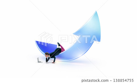 Woman working on laptop sliding down arrow representing drop in performance metrics Woman working on laptop sliding down arrow representing drop in performance metrics 138854755