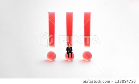 Businessman sitting on glowing exclamation marks symbolizing urgent notifications and critical alerts 138854756