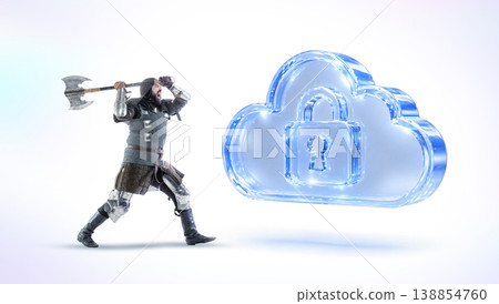 Medieval warrior attacking cloud lock icon representing cloud security threat Medieval warrior attacking cloud lock icon representing cloud security threat 138854760