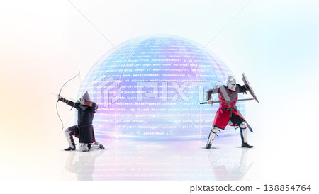 Knights defending digital dome with code representing strong data protection system Knights defending digital dome with code representing strong data protection system 138854764
