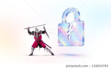 Medieval knight attacking broken holographic padlock symbol of data breach 138854765