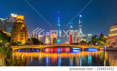 Shanghai city and Huangpu river at night, China. 138855012