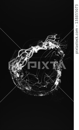 Black and white abstract orb with swirling light trails and dotted particles, forming a futuristic minimal energy ring on dark Black and white abstract orb with swirling light trails and dotted particles, forming a futuristic minimal energy ring on dark 138855073