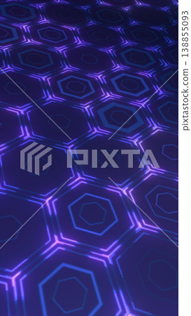 Futuristic neon hexagon grid surface in blue and purple tones, abstract technology background with glowing geometric pattern 138855093