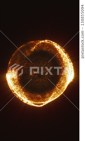 Glowing golden particle ring forming a radiant sphere on a dark background, symbolizing energy, light, and cosmic motion 138855094