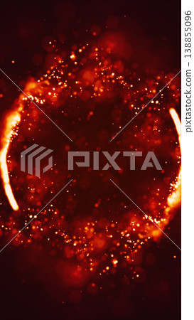 Glowing orange spark ring on dark red background with floating embers and bokeh, dramatic abstract fire frame with copy space 138855096