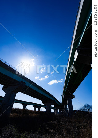 The blue sky and the connection of the Sendai Northern Expressway and the Sanriku Expressway at Rifu Junction The blue sky and the connection of the Sendai Northern Expressway and the Sanriku Expressway at Rifu Junction 138855104