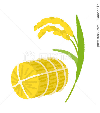 A set of rice bales and rice stalks, a Japanese-style vector graphic of harvest and rice. 138855416