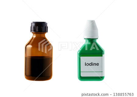 Bottle of iodine antiseptic isolated on white background. Medical disinfectant used for wound care, hygiene, and infection prevention. Iodine antiseptic medicine for disinfection. 138855763