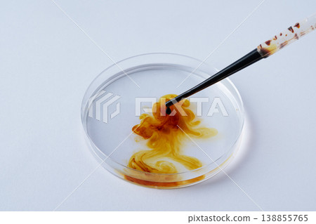Drop of iodine falling from pipette into petri dish. Laboratory experiment concept, antiseptic solution and scientific research. 138855765