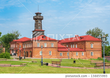 19th-century fire station from red brick, traditional wooden fire tower. Cultural exhibits and scenic views of surrounding area in Sviyazhsk, Russia 138855993