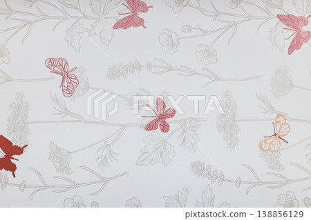 Delicate botanical tapestry with red butterflies and floral line art 138856129