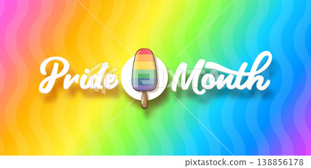 Pride Month celebration banner. Rainbow Pride month popsicle ice cream icon and white script lettering on vibrant wavy background. Modern LGBTQ support graphic for seasonal events and social media. Pride Month celebration banner. Rainbow Pride month popsicle ice cream icon and white script lettering on vibrant wavy background. Modern LGBTQ support graphic for seasonal events and social media. 138856178