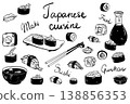 Vector doodle set of Japanese cuisine and sushi hand drawn on white background 138856353