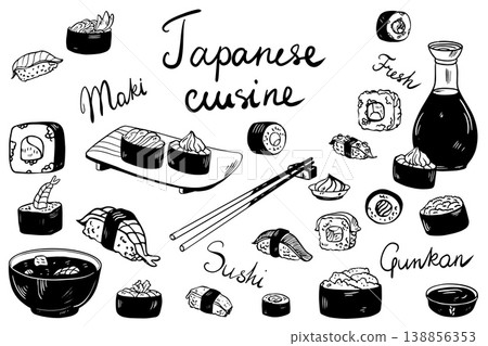 Vector doodle set of Japanese cuisine and sushi hand drawn on white background Vector doodle set of Japanese cuisine and sushi hand drawn on white background 138856353